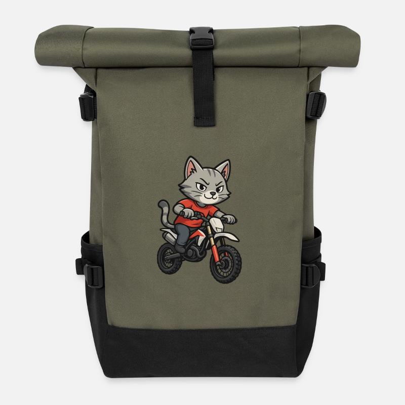 Motocross Katze - Rolltop Rucksack - Olive/Schwarz