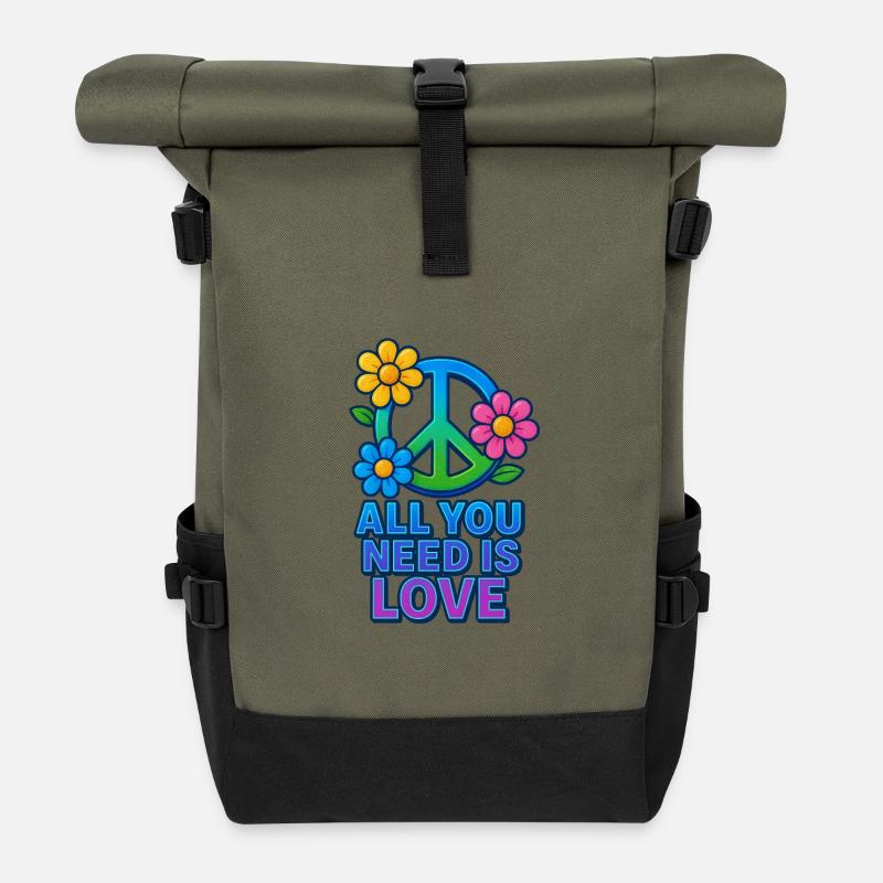Peaceful Love Floral Peace Sign Design - Roll Top Backpack - olive/black