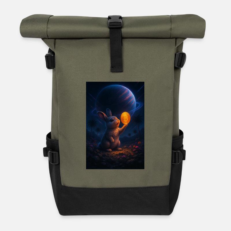 Weltraum-Hase mit Bitcoin-Münze - Rolltop Rucksack - Olive/Schwarz
