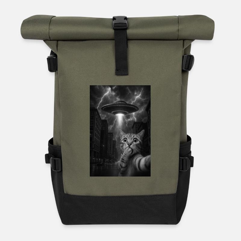Selfie Katze mit Alien UFO - UFO Katze  - Rolltop Rucksack - Olive/Schwarz
