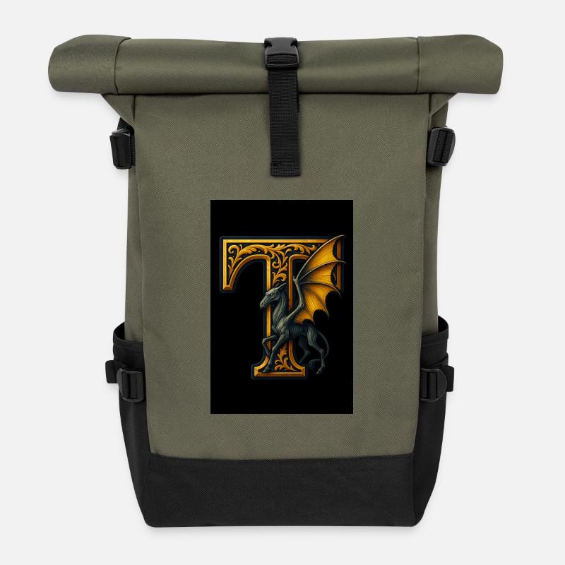 T – Magical ornament with winged creature - Roll Top Backpack - olive/black