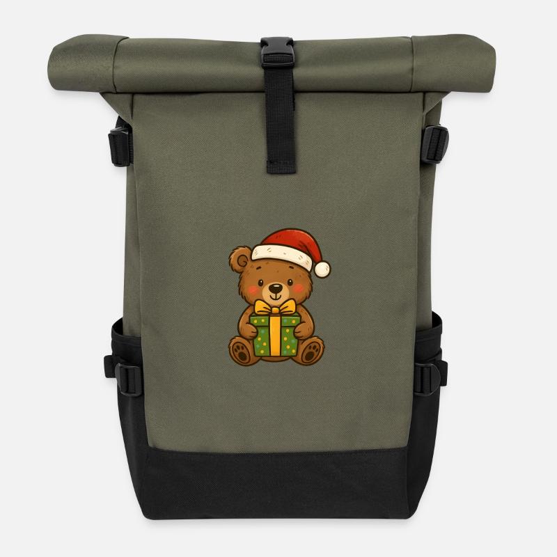 Niedlicher Teddybär mit Weihnachtsmütze - Rolltop Rucksack - Olive/Schwarz
