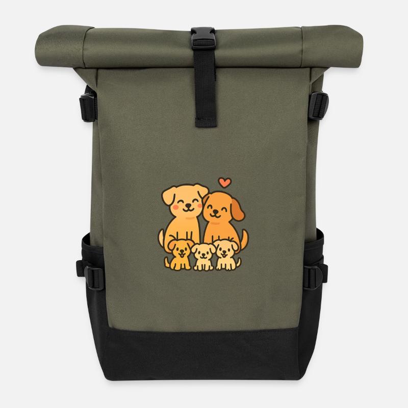 Verspielte Hundefamilie Illustration - Rolltop Rucksack - Olive/Schwarz