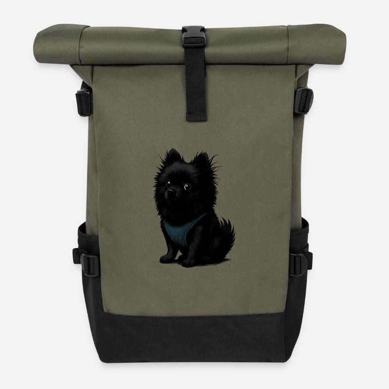 Schwarzer Spitz Hund mit blauer Weste - Rolltop Rucksack - Olive/Schwarz
