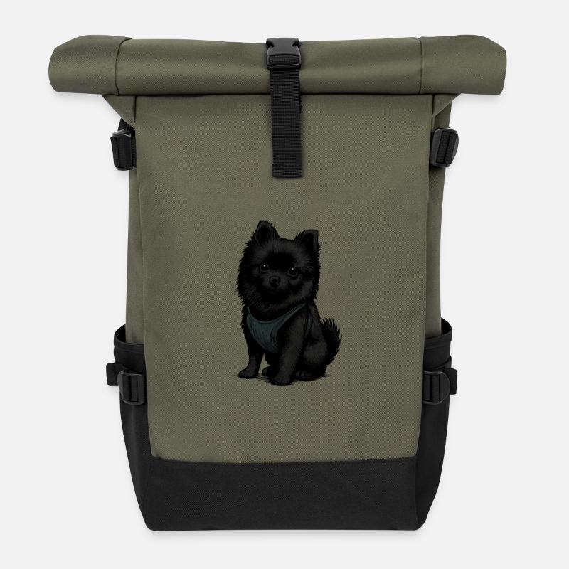 Schwarzer Spitz Hund mit Süssenblick - Rolltop Rucksack - Olive/Schwarz