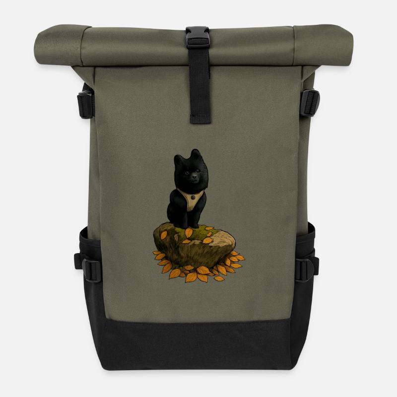 Chien Spitz Noir sur Un Tronc D’arbre - Sac à dos roll top - olive/noir