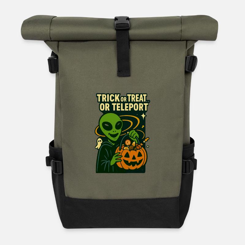 Alien Halloween T-Shirt – Trick or Treat…or... - Roll Top Backpack - olive/black