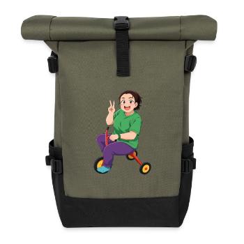 Colorful cartoon character on bike - Roll Top Backpack - olive/black - Front