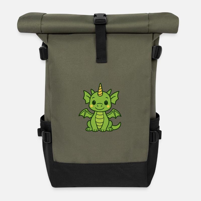 Lustiger Drache mit Horn und Flügeln - Rolltop Rucksack - Olive/Schwarz