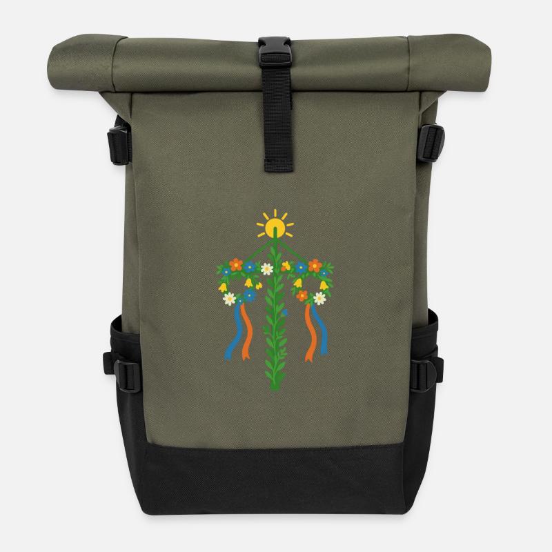 Schwedischer Mittsommerbaum mit Blumen und Bändern - Rolltop Rucksack - Olive/Schwarz