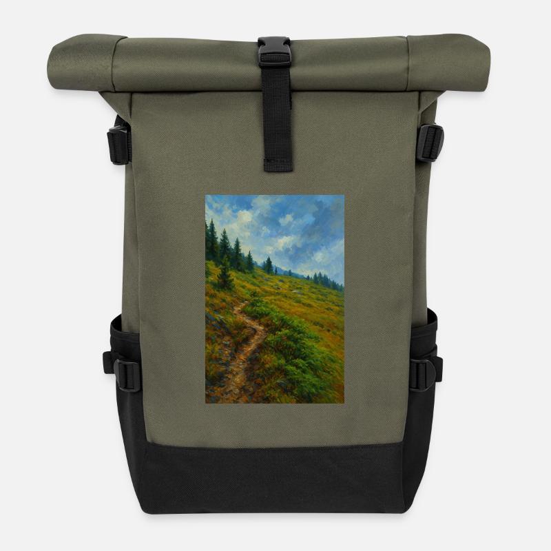 Landschaftliche Bergwanderung in Ölgemälde-Optik - Rolltop Rucksack - Olive/Schwarz
