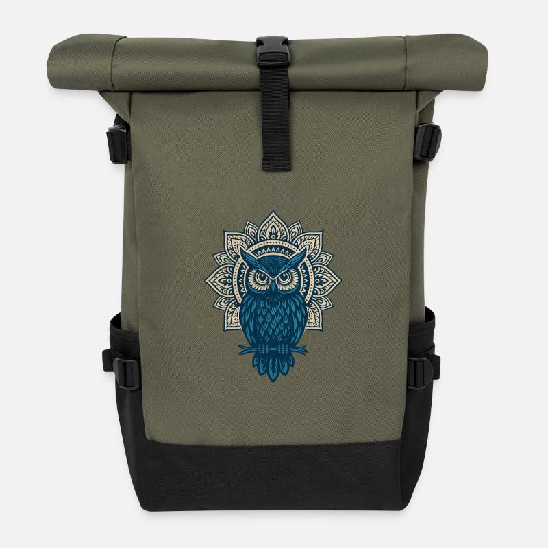 Blue Owl Mandala - Roll Top Backpack - olive/black