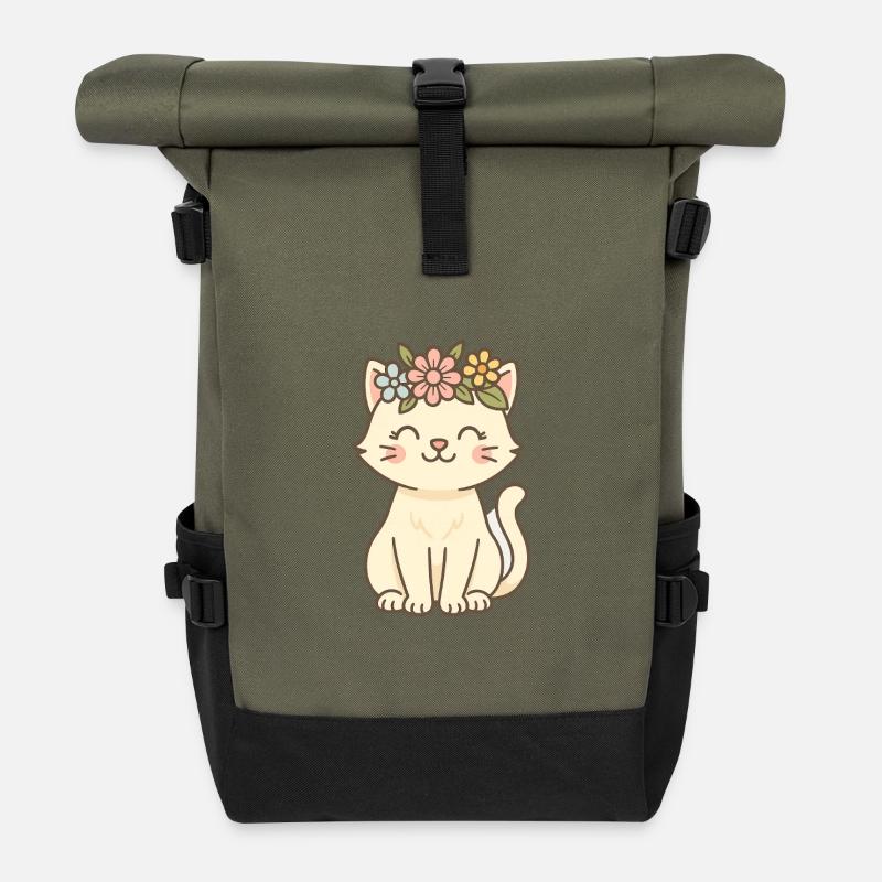 Couronne florale Chat Charm - Sac à dos roll top - olive/noir