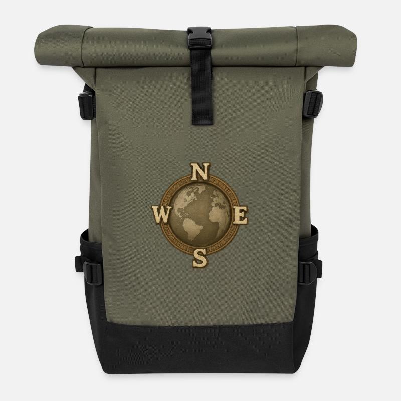 Vintage World Compass World Map - Roll Top Backpack - olive/black