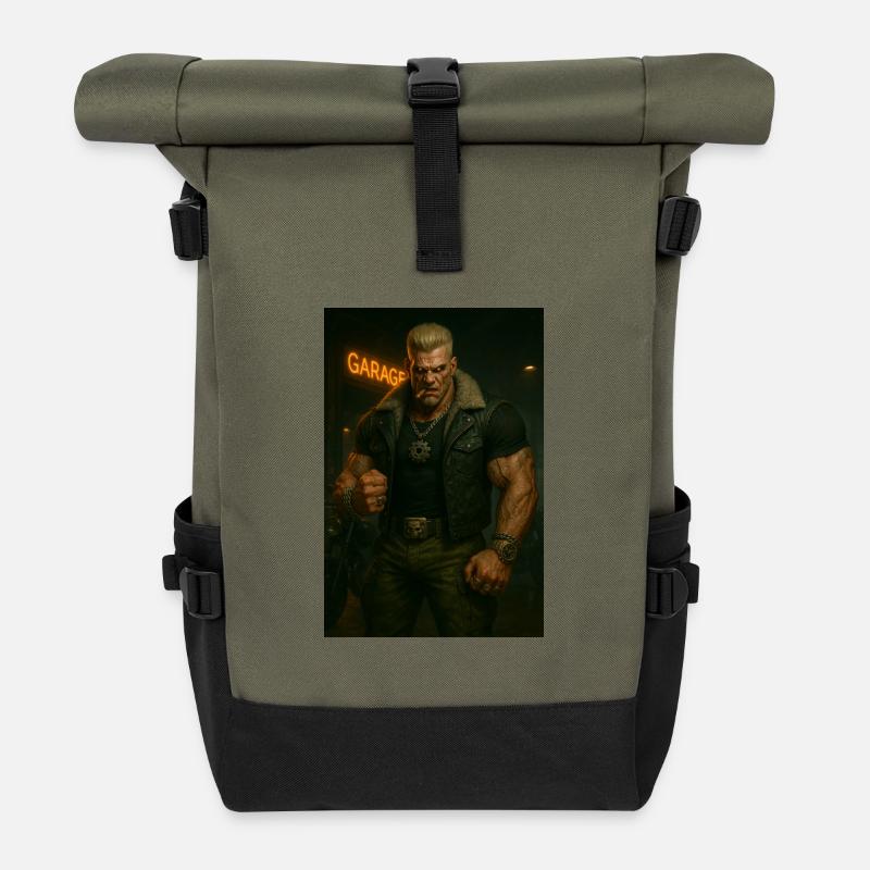 Mechanical Biker – Blond Warrior with Fire Gaze - Roll Top Backpack - olive/black