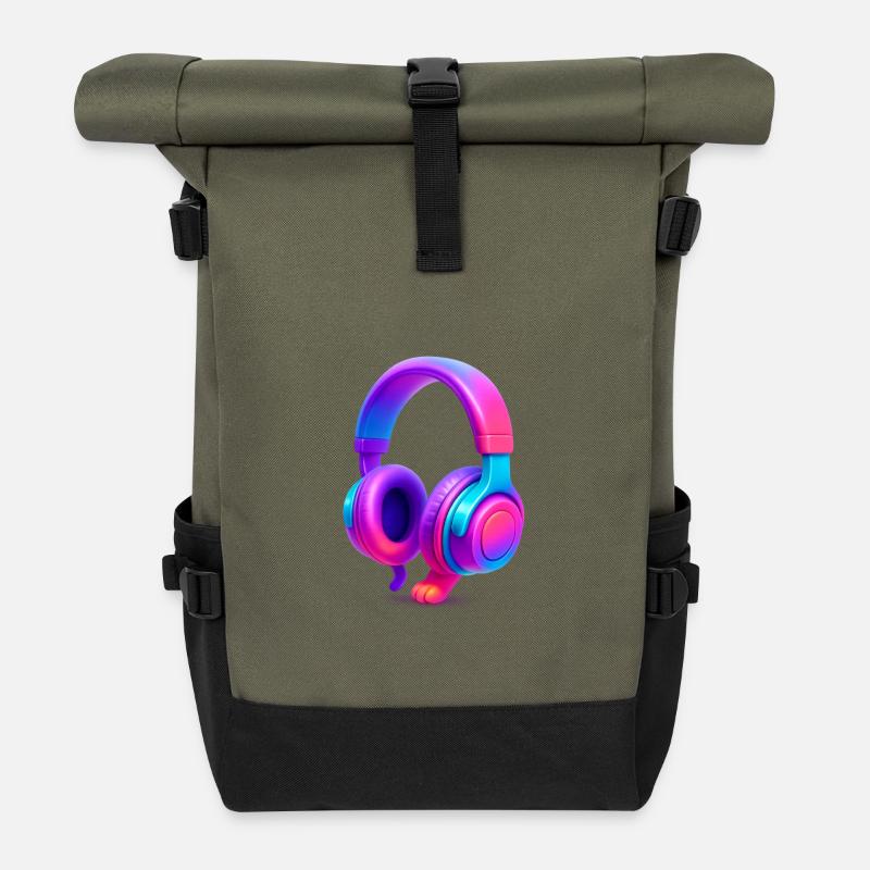 Neon Gradient Kopfhörer - Rolltop Rucksack - Olive/Schwarz