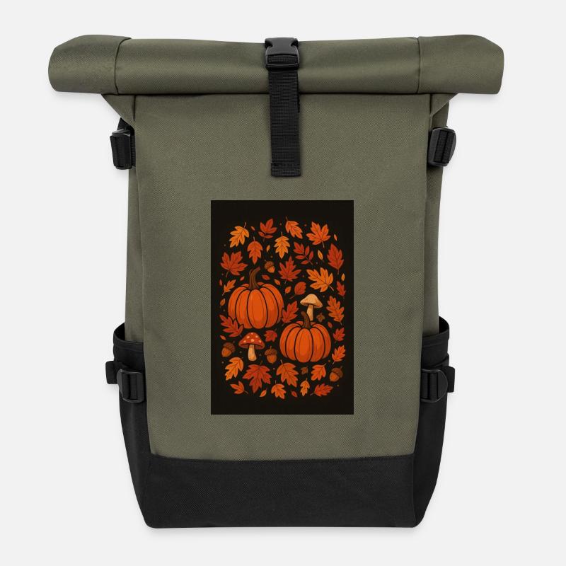 Herbstmuster Kürbisse und Pilze - Rolltop Rucksack - Olive/Schwarz