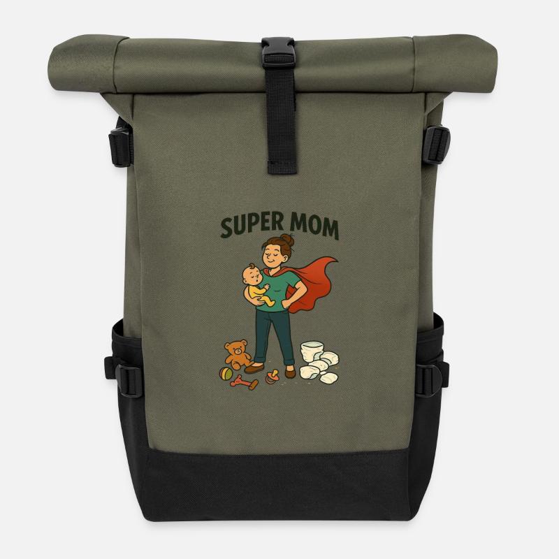 Super Mama Held mit Kind Cape - Rolltop Rucksack - Olive/Schwarz