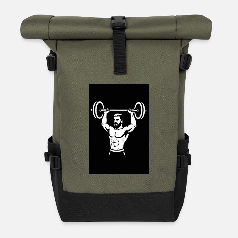 Kraftvolle Hantel-Illustration - Rolltop Rucksack - Olive/Schwarz