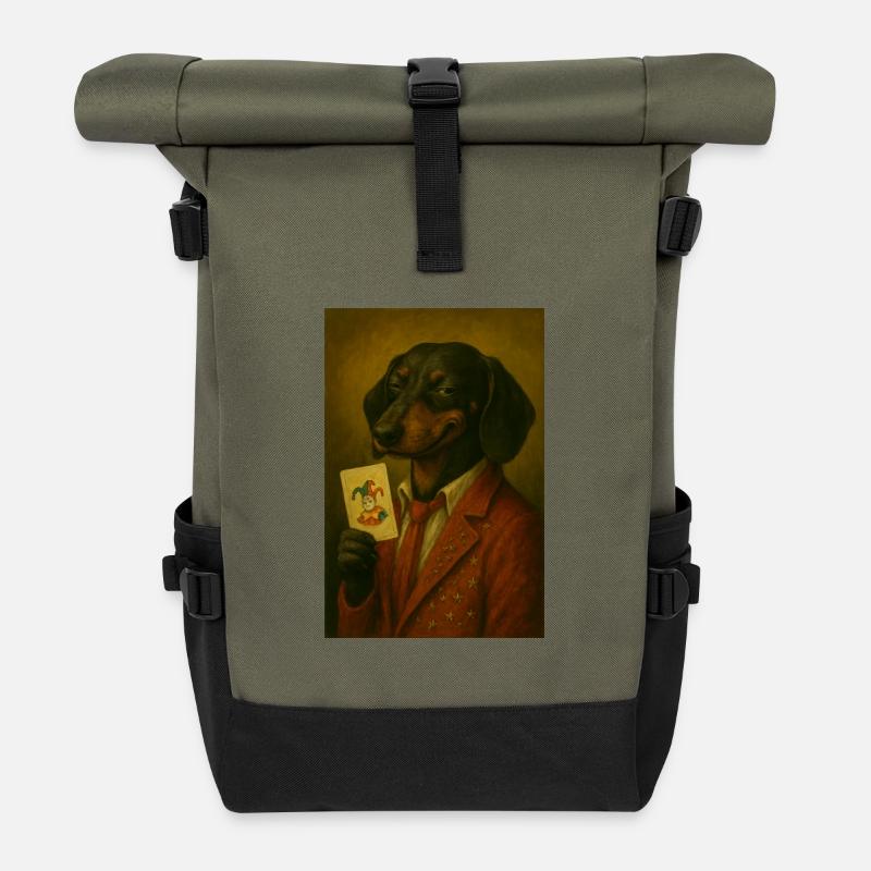Dachshund in star suit with joker card - Roll Top Backpack - olive/black