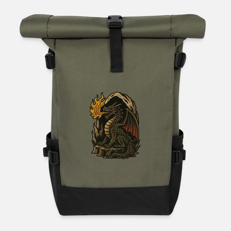 Flammender Drache - Rolltop Rucksack - Olive/Schwarz