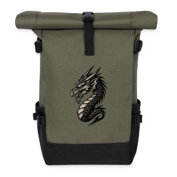 Schwarzweiß Drachenkopf Ornament - Rolltop Rucksack - Olive/Schwarz - Vorne