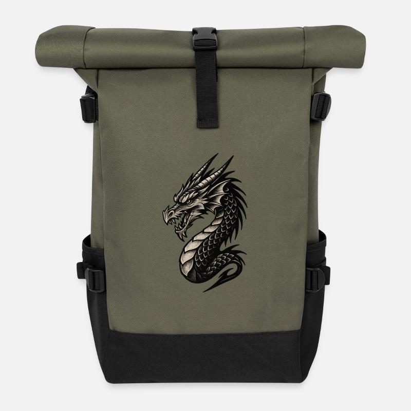 Black and White Dragon Head Ornament - Roll Top Backpack - olive/black