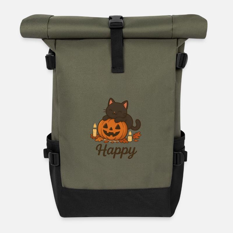 Halloween Schwarze Katze – Glücklich - Rolltop Rucksack - Olive/Schwarz