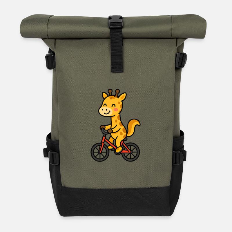 Giraffe on a bicycle - Roll Top Backpack - olive/black