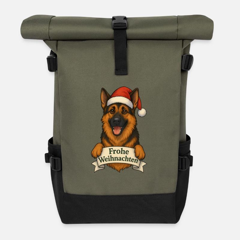 Weihnachtshund mit Santa Hut - Rolltop Rucksack - Olive/Schwarz