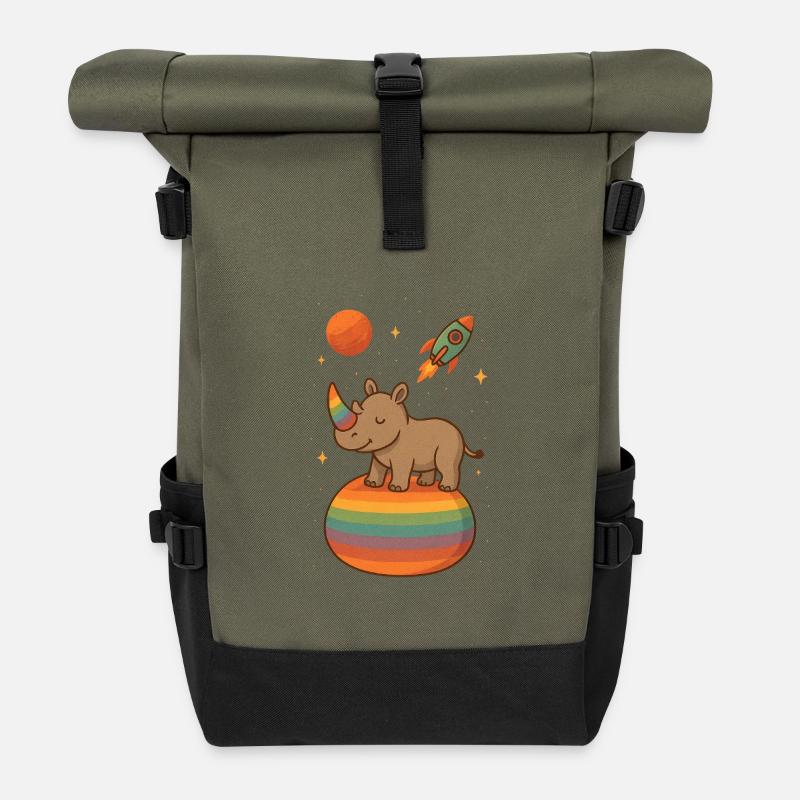 Rainbow Rhino in Space Regenbogen-Nashorn im All - Roll Top Backpack - olive/black