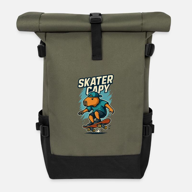 Skater Capy – Cool Capybara Skate - Rolltop Rucksack - Olive/Schwarz