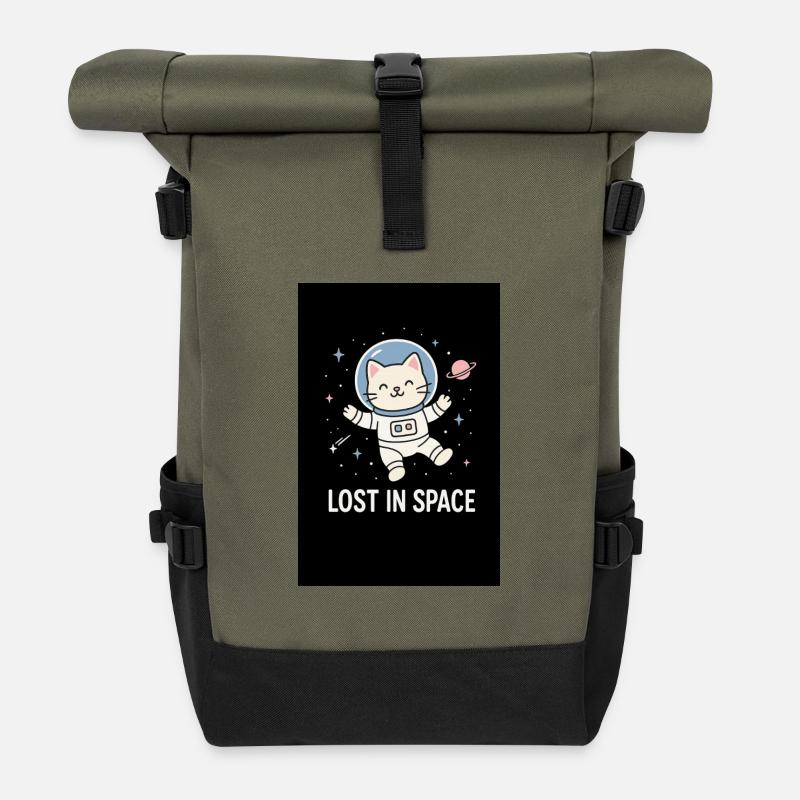 Katzenastronaut Lost in Space - Rolltop Rucksack - Olive/Schwarz