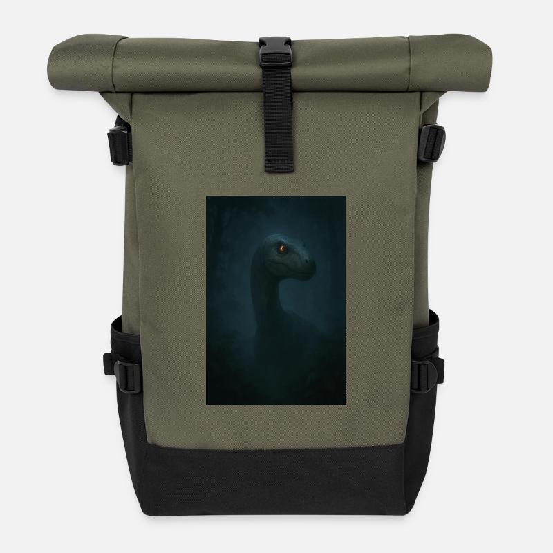 Dino im Nebelwald mit glühendem Auge - Rolltop Rucksack - Olive/Schwarz
