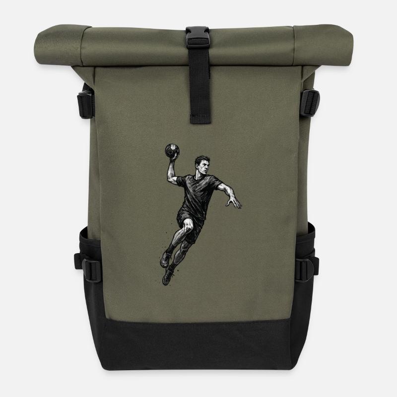 Dynamischer Handballer in Schwarzillustration - Rolltop Rucksack - Olive/Schwarz