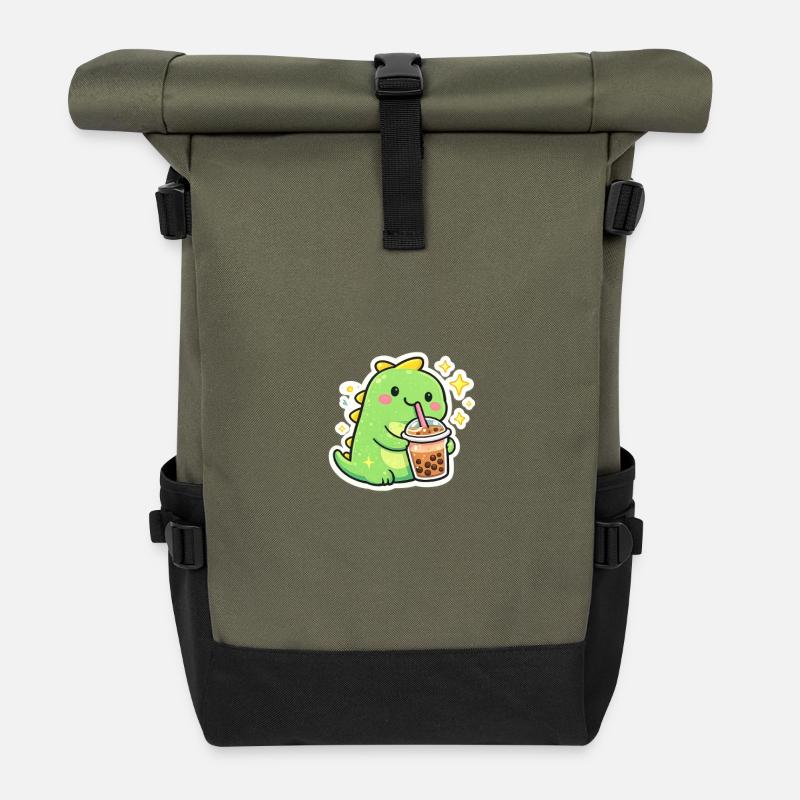 Sweet dinosaur with bubble tea - Roll Top Backpack - olive/black