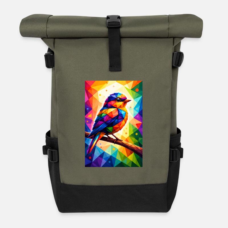 Colorful bird in geometric mosaic - Roll Top Backpack - olive/black