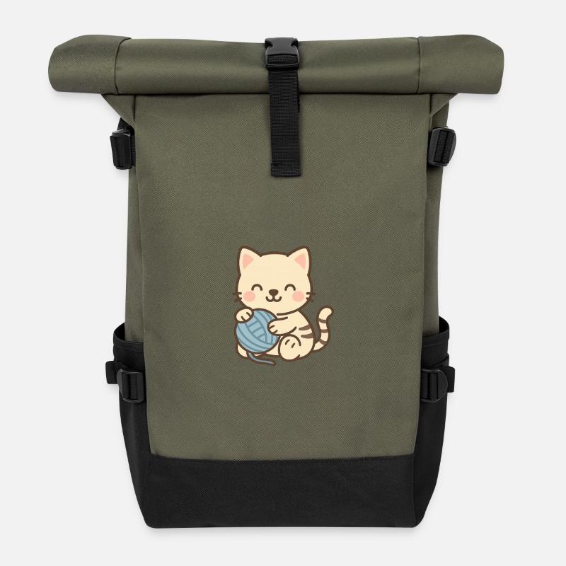 Süßes Kätzchen mit blauem Knäuel - Rolltop Rucksack - Olive/Schwarz
