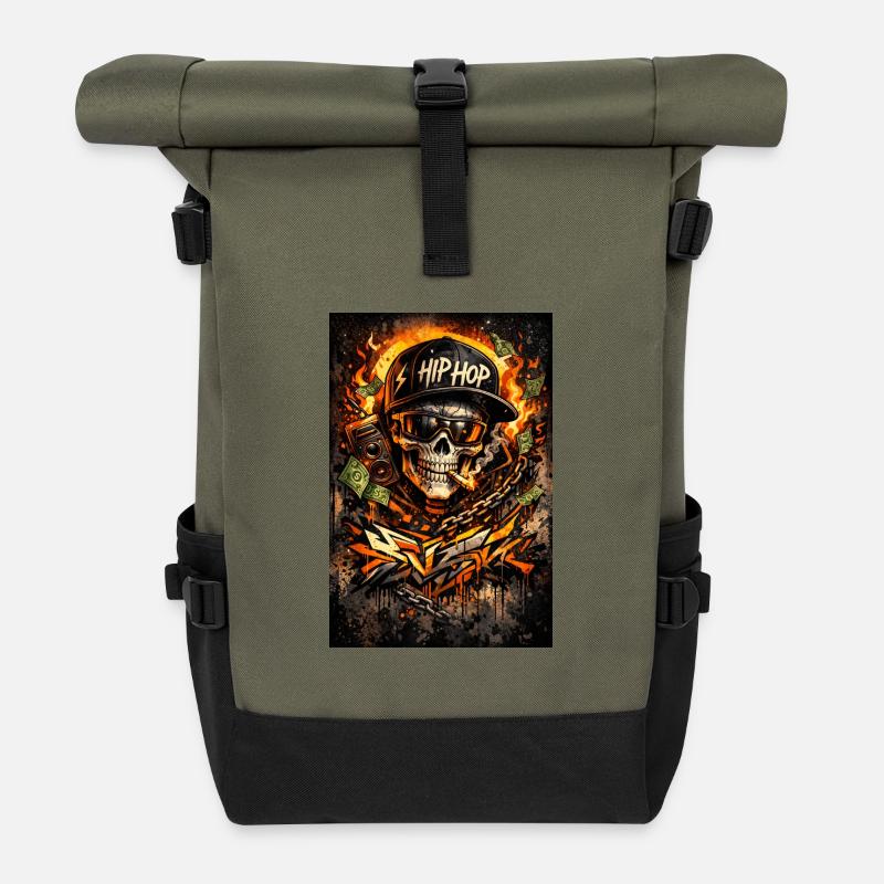 Hip Hop Fire Skull Graffiti - Roll Top Backpack - olive/black