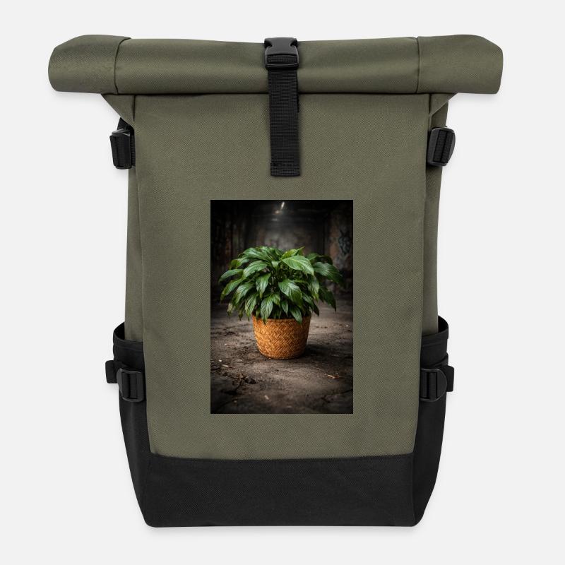 Grüner Pflanzkorb VintageLook - Rolltop Rucksack - Olive/Schwarz