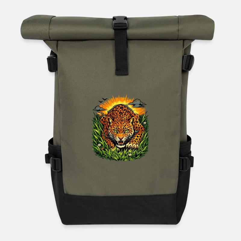 Leopard im Sonnenaufgang - Rolltop Rucksack - Olive/Schwarz