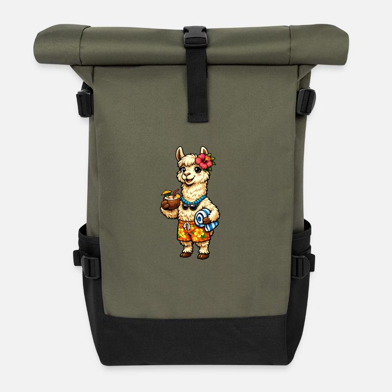 Lama am Strand mit Blumenschmuck - Rolltop Rucksack - Olive/Schwarz