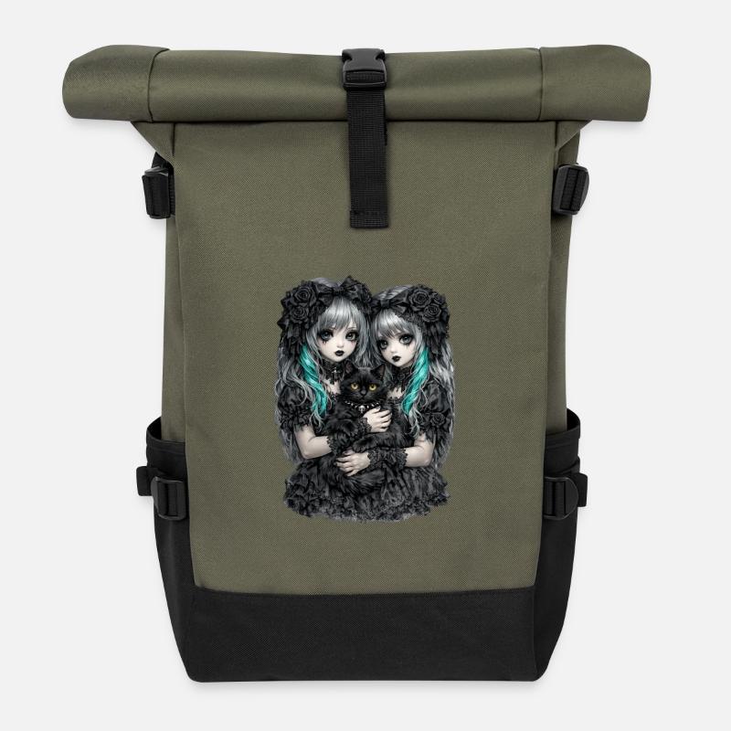 Gothic Zwillinge und schwarze Katze - Rolltop Rucksack - Olive/Schwarz