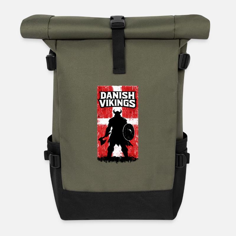 Dänische Wikinger – Wikingerkrieger-Dänische Flagge - Rolltop Rucksack - Olive/Schwarz