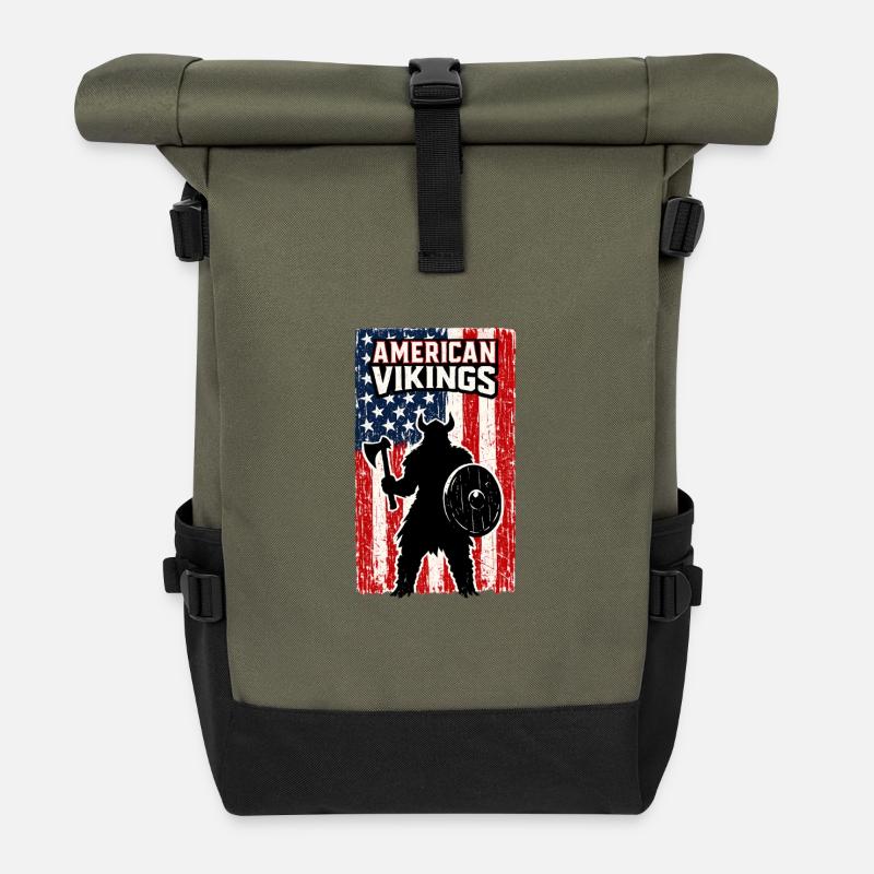 American Vikings – Viking Warrior USA Flag - Roll Top Backpack - olive/black