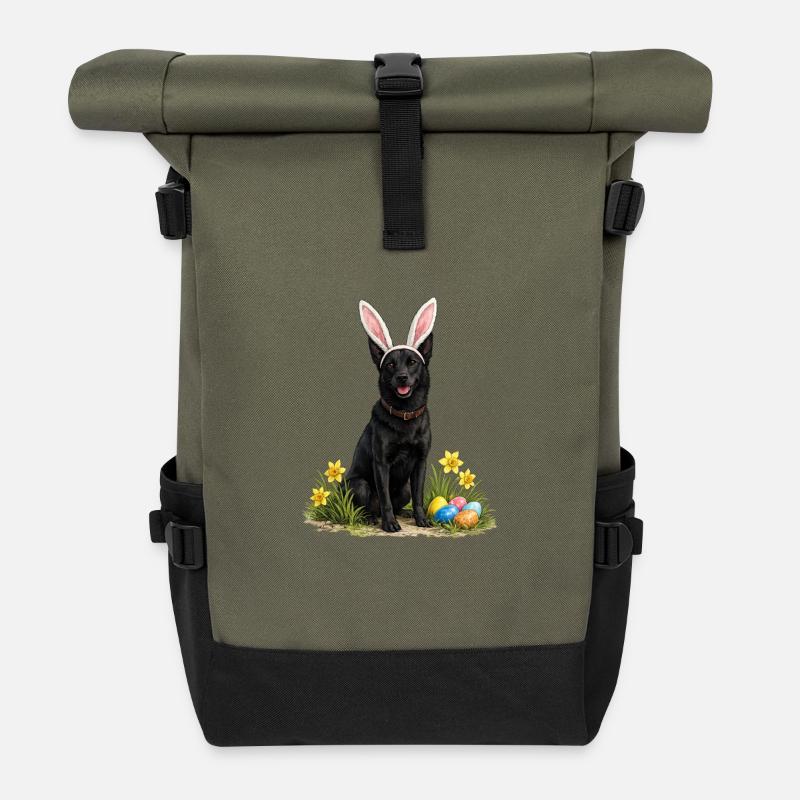 Easter Dog with Bunny Ears & Eggs - Roll Top Backpack - olive/black