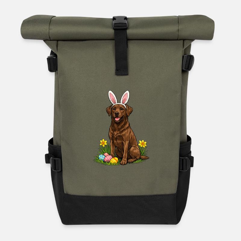 Easter Labrador with Bunny Ears - Roll Top Backpack - olive/black
