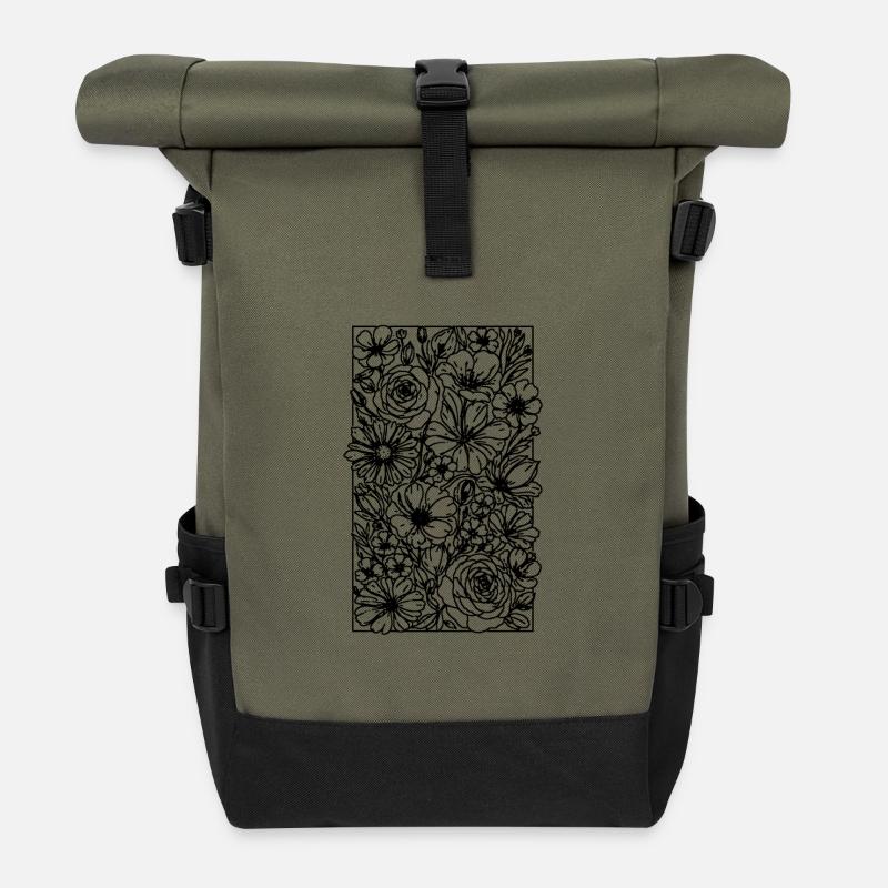 Blumen - Rolltop Rucksack - Olive/Schwarz