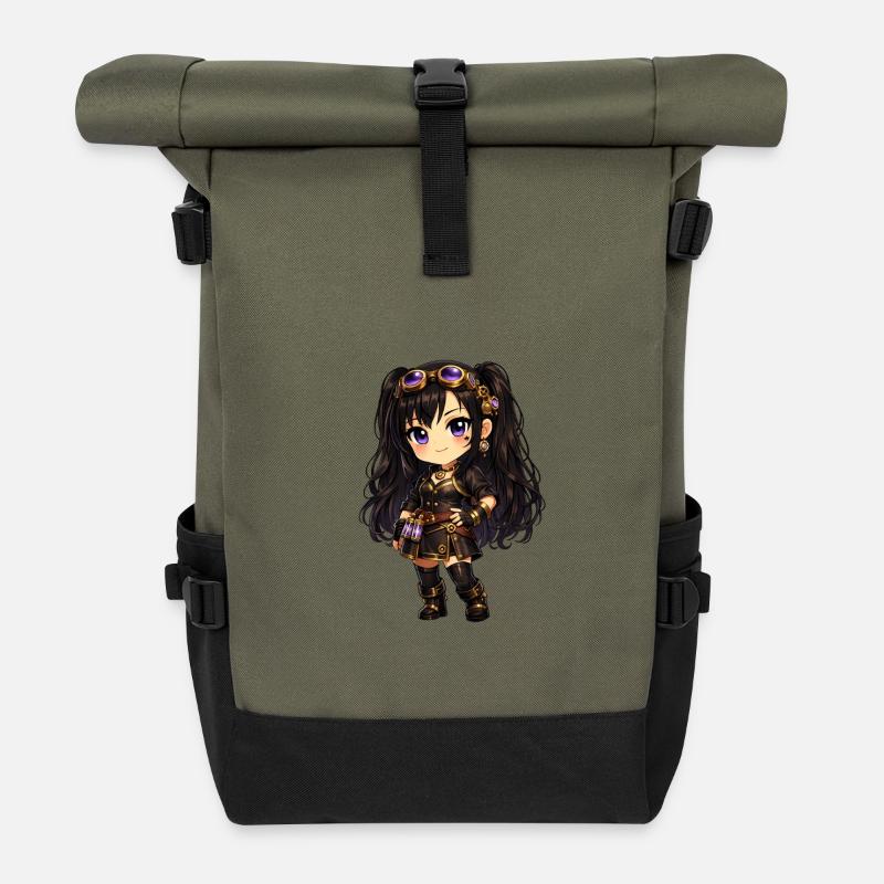 Chibi Steampunk-Mädchen Luna mit Lila Goggles - Rolltop Rucksack - Olive/Schwarz