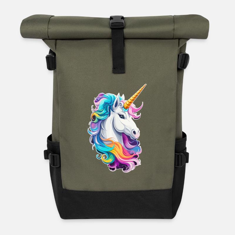 buntes Einhorn - Rolltop Rucksack - Olive/Schwarz